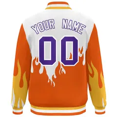 White Orange-Purple Flame Graffiti Varsity Full-Snap Bomber Jacket 4