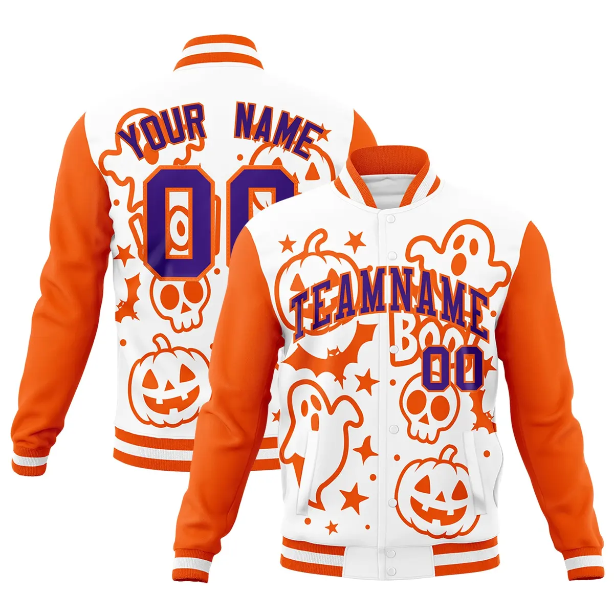 White Orange Purple Halloween Bats Pumpkins Ghost Letterman Jacket