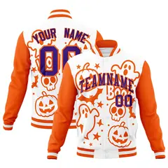 White Orange Purple Halloween Bats Pumpkins Ghost Letterman Jacket
