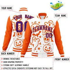 White Orange Purple Halloween Bats Pumpkins Ghost Letterman Jacket 2