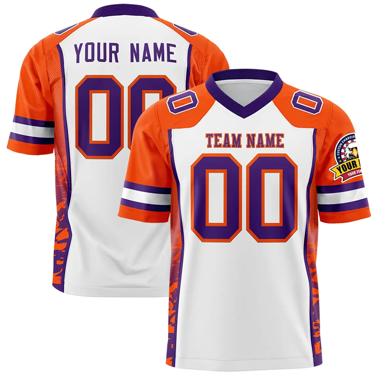 White Orange-Purple Raglan Side Pattern Football Jersey