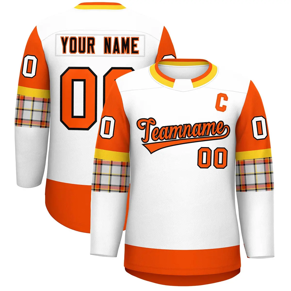 White Orange Raglan Round-Neck Hockey Jersey