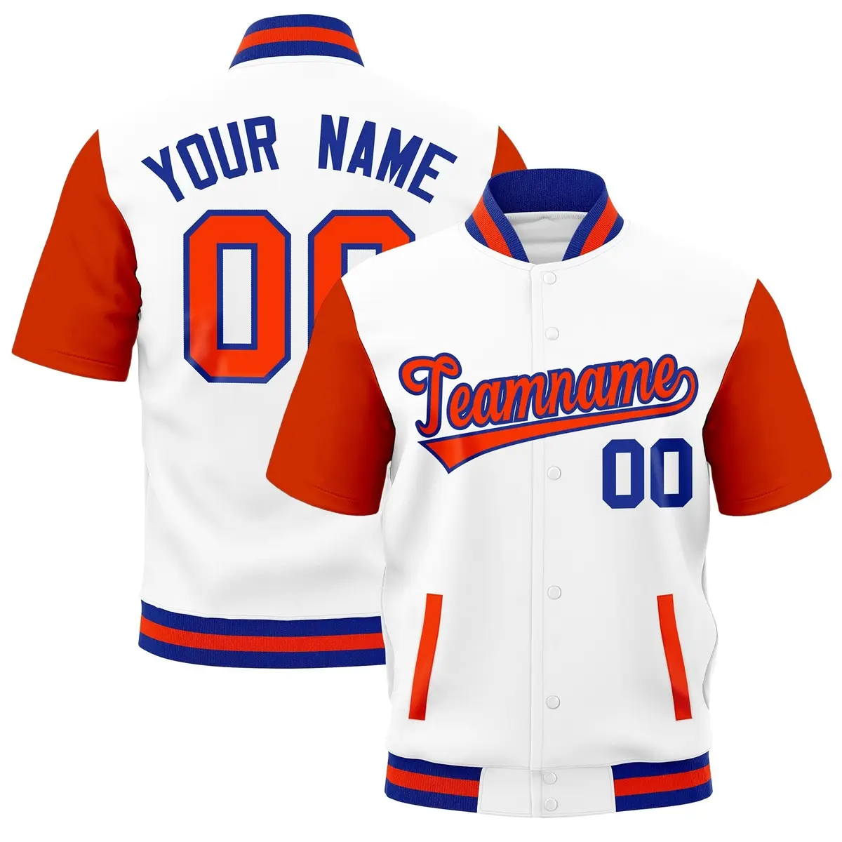 White Orange Royal Blue Full-Snap Short Sleeve Varsity Jacket