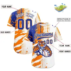 White Orange Royal Blue Full-Snap Tiger Graffiti Baseball Jersey 2