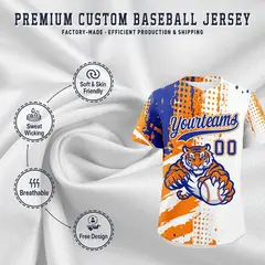 White Orange Royal Blue Full-Snap Tiger Graffiti Baseball Jersey 3