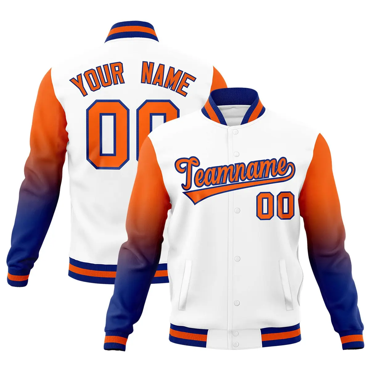 White Orange Royal Blue Gradient Raglan Varsity Letterman Jacket