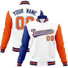 White Orange-Royal Raglan Full-Snap Varsity Letterman Jacket