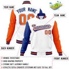 White Orange-Royal Raglan Full-Snap Varsity Letterman Jacket 4