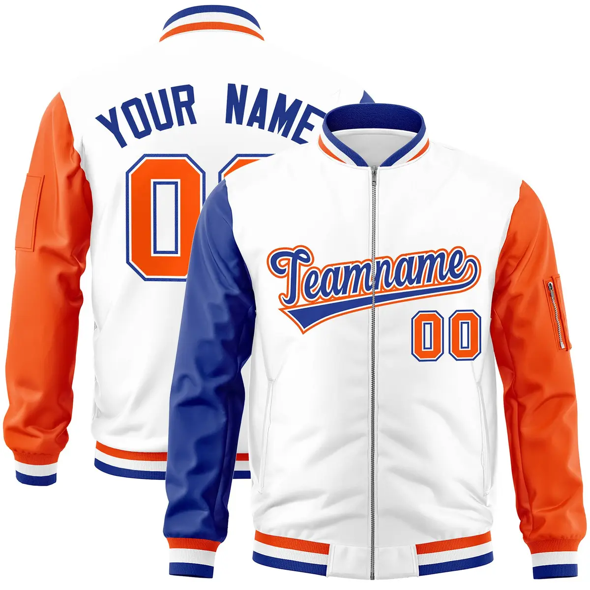 White Orange-Royal Raglan Sleeves Full-Zip Letterman Bomber Jacket