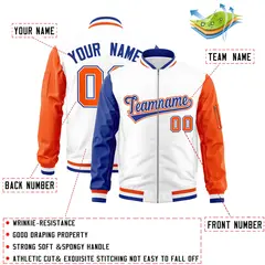 White Orange-Royal Raglan Sleeves Full-Zip Letterman Bomber Jacket 2