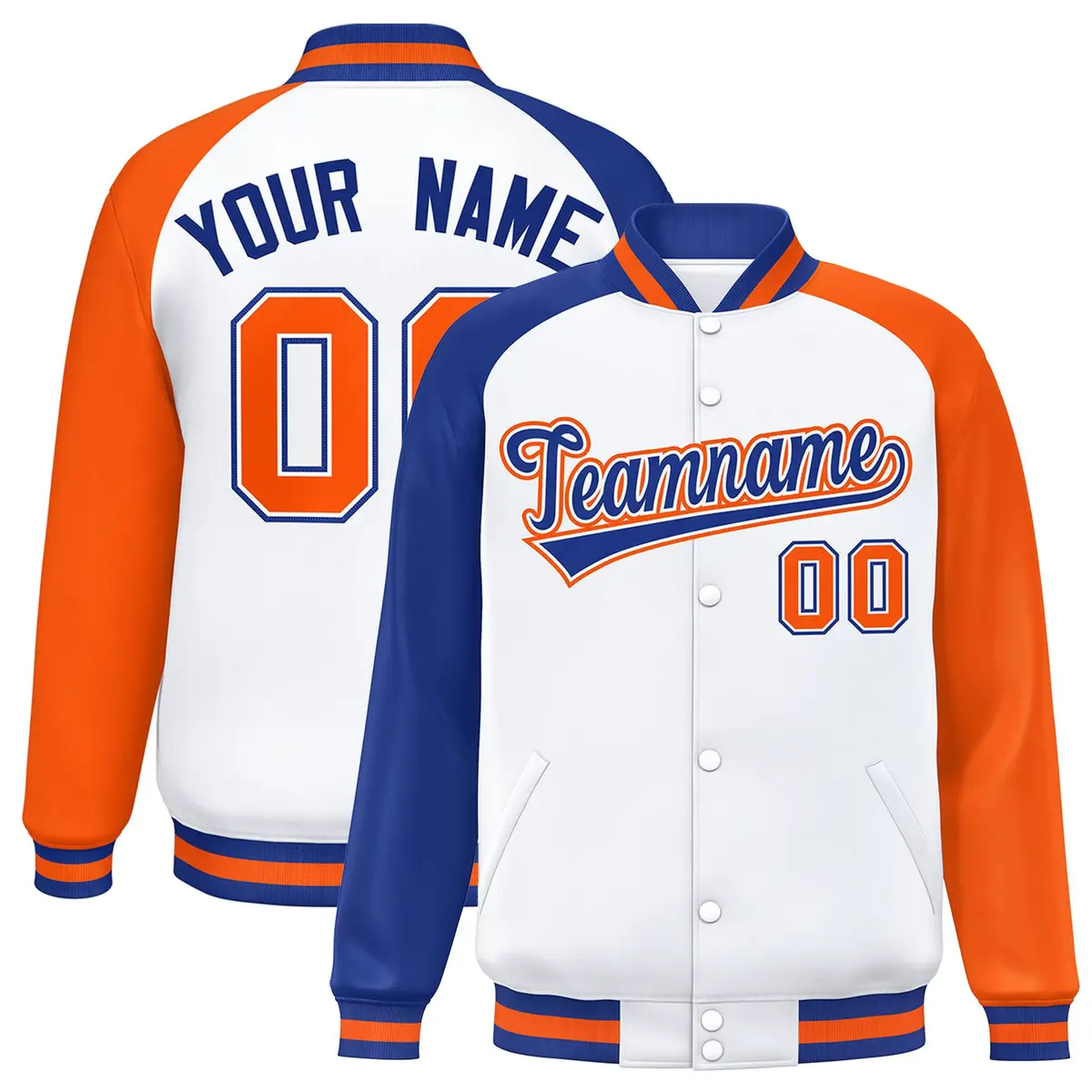 White Orange-Royal Varsity Raglan Letterman Bomber Jacket