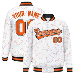 White Orange Star Pattern Varsity Full-Snap Letterman Baseball Jacket 1