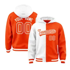White Orange Two Tone Split Varsity Letterman Jacket Hoodie 1