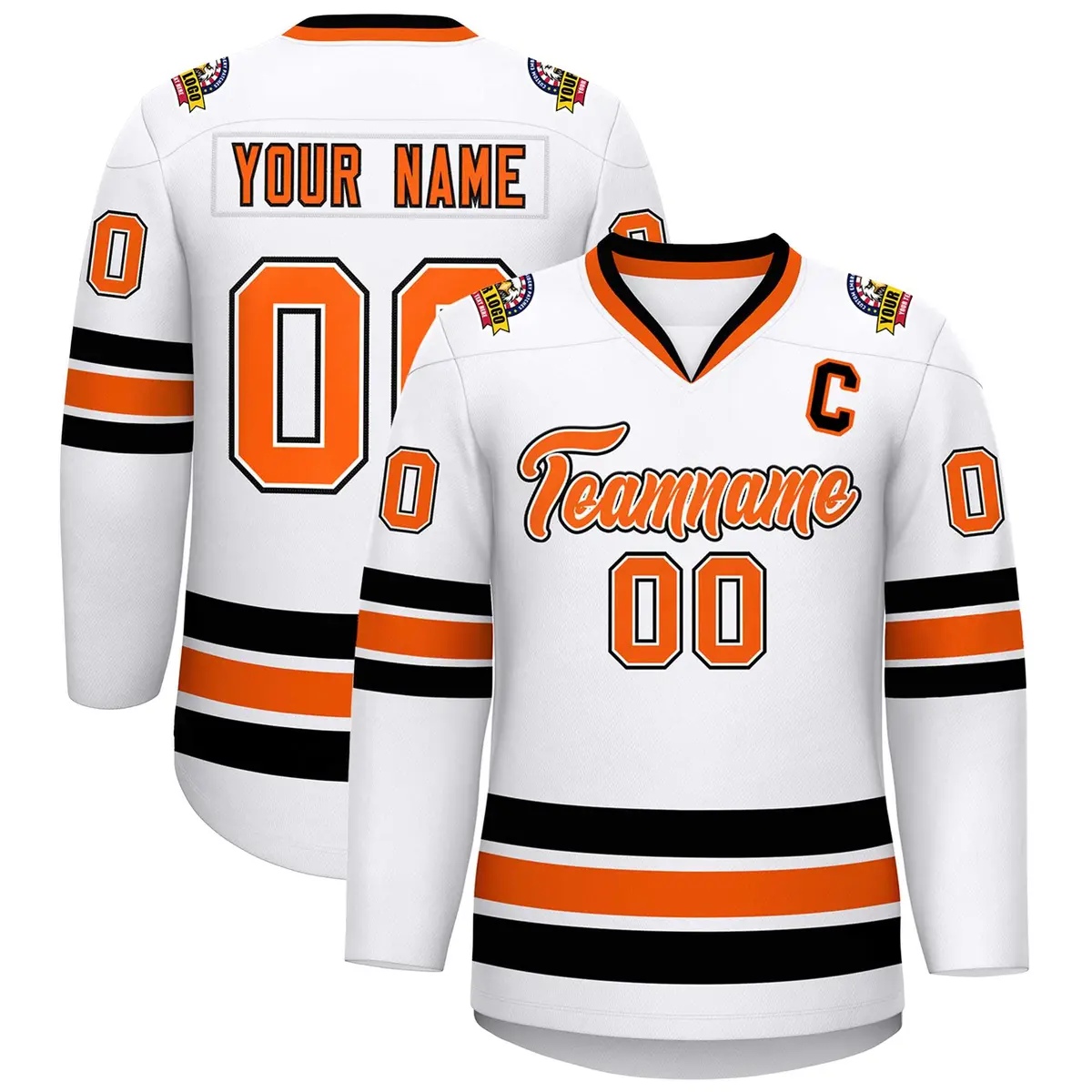 White Orange White-Black Classic Style Hockey Jersey