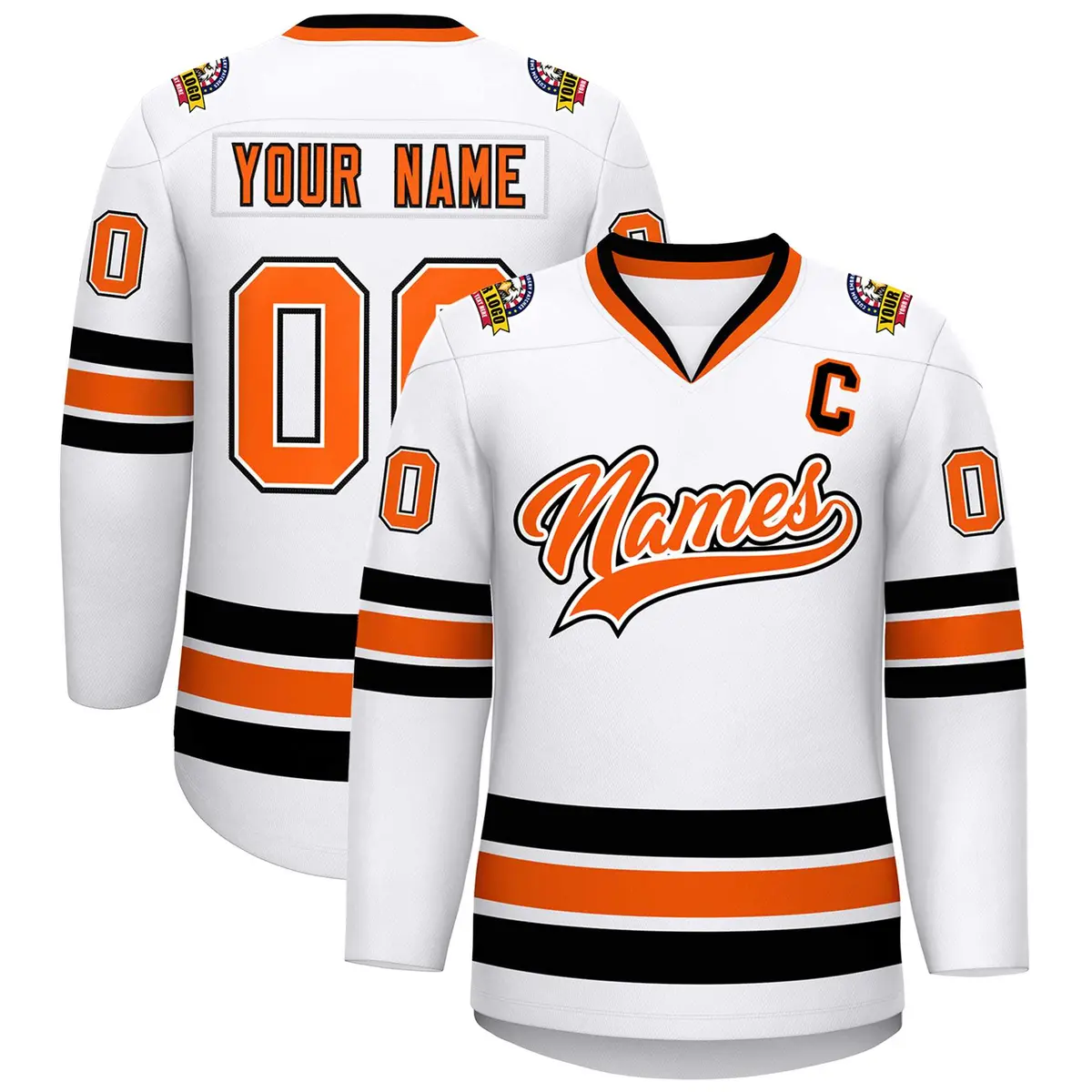 White Orange White-Black Classic Style Hockey Jersey