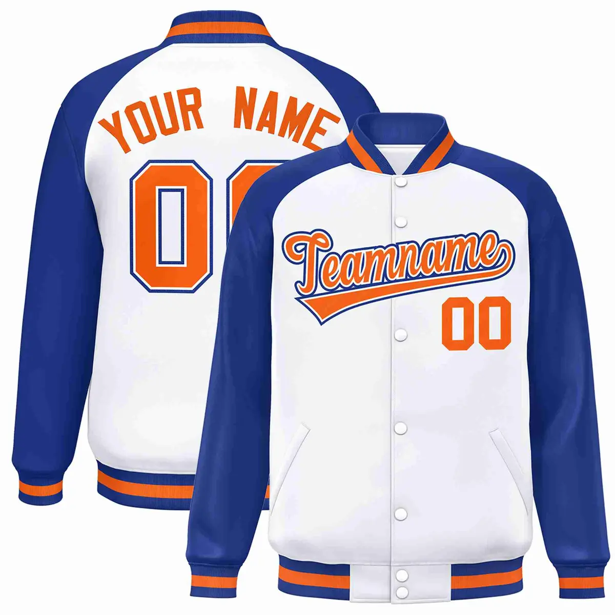 White Orange-White Raglan Varsity Full-Snap Letterman Jacket