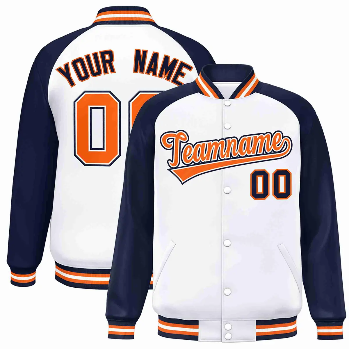 White Orange-White Raglan Varsity Full-Snap Letterman Jacket