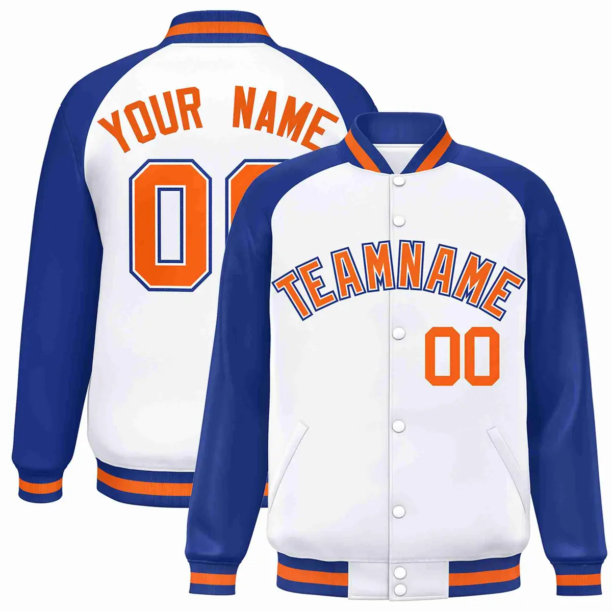 White Orange-White Raglan Varsity Full-Snap Letterman Jacket