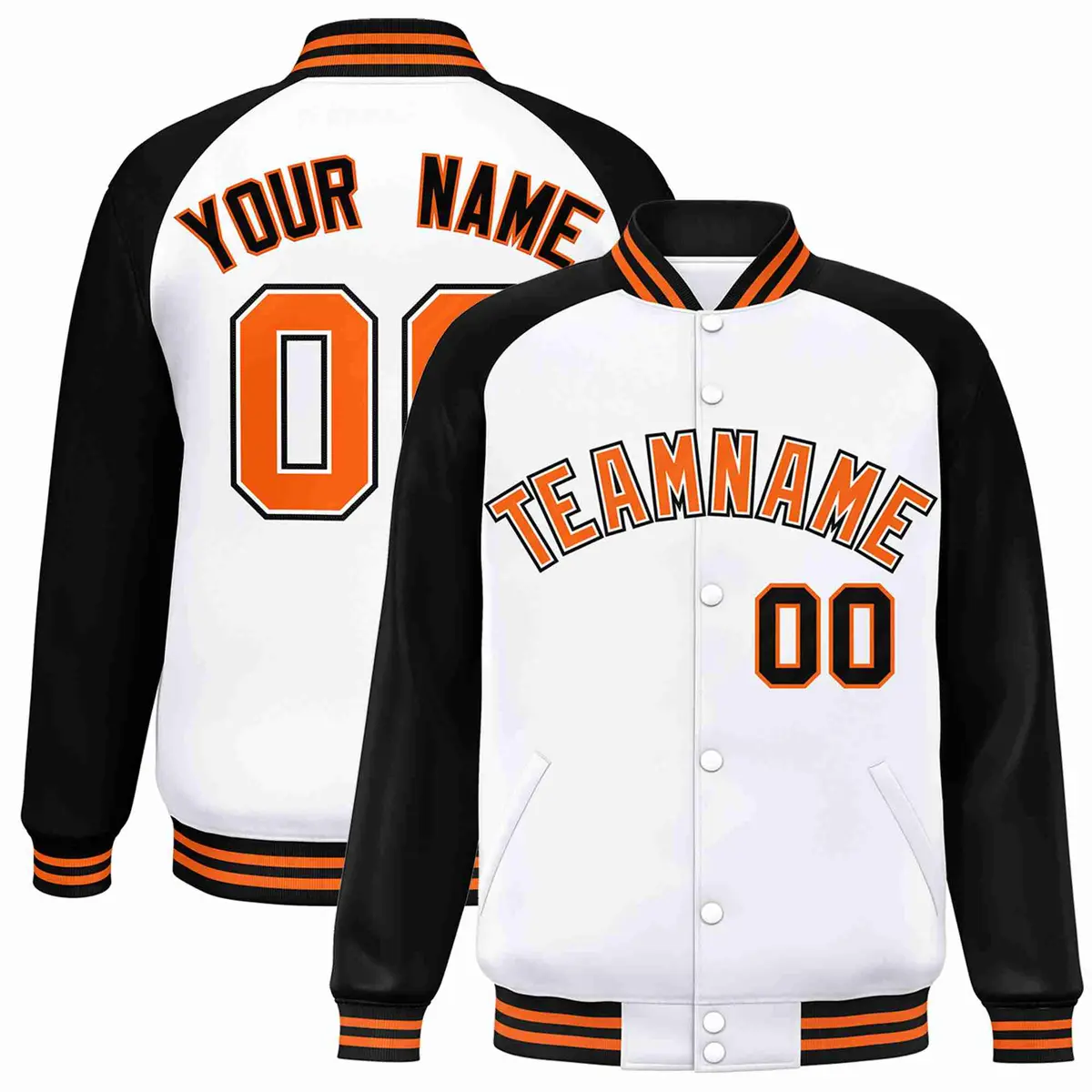 White Orange-White Raglan Varsity Full-Snap Letterman Jacket