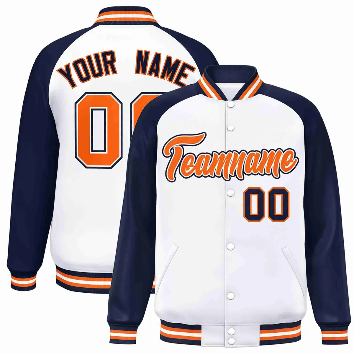 White Orange-White Raglan Varsity Full-Snap Letterman Jacket