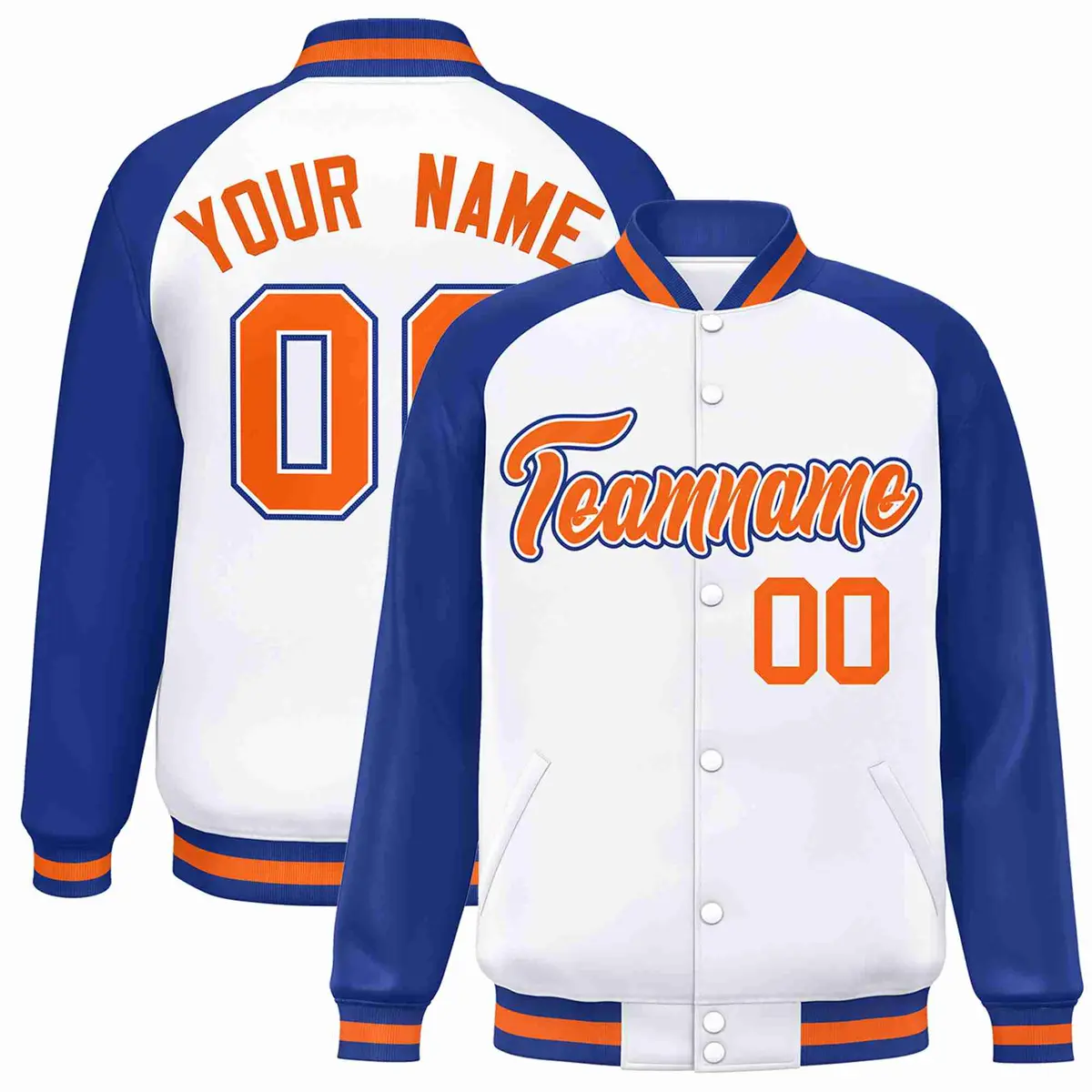 White Orange-White Raglan Varsity Full-Snap Letterman Jacket