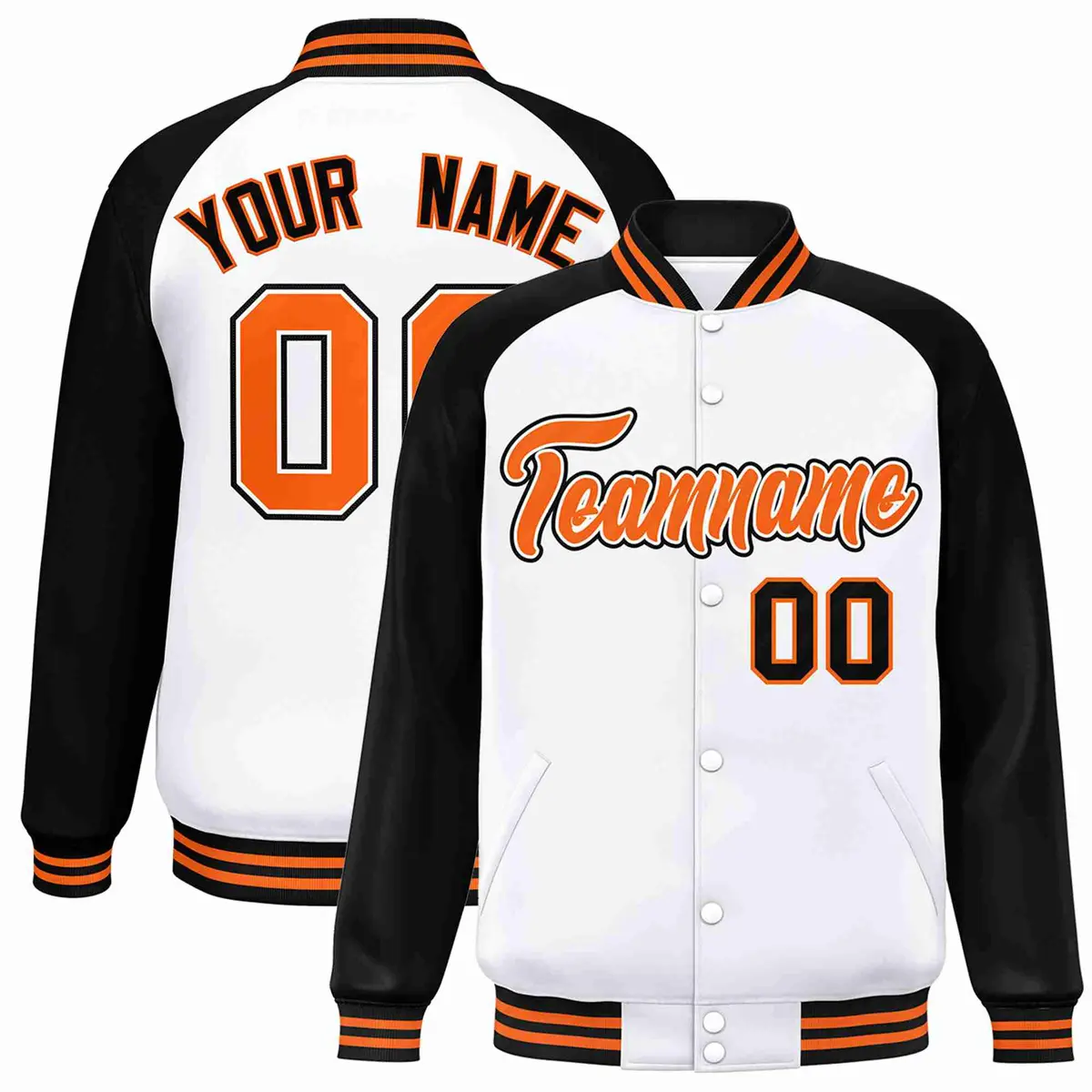 White Orange-White Raglan Varsity Full-Snap Letterman Jacket