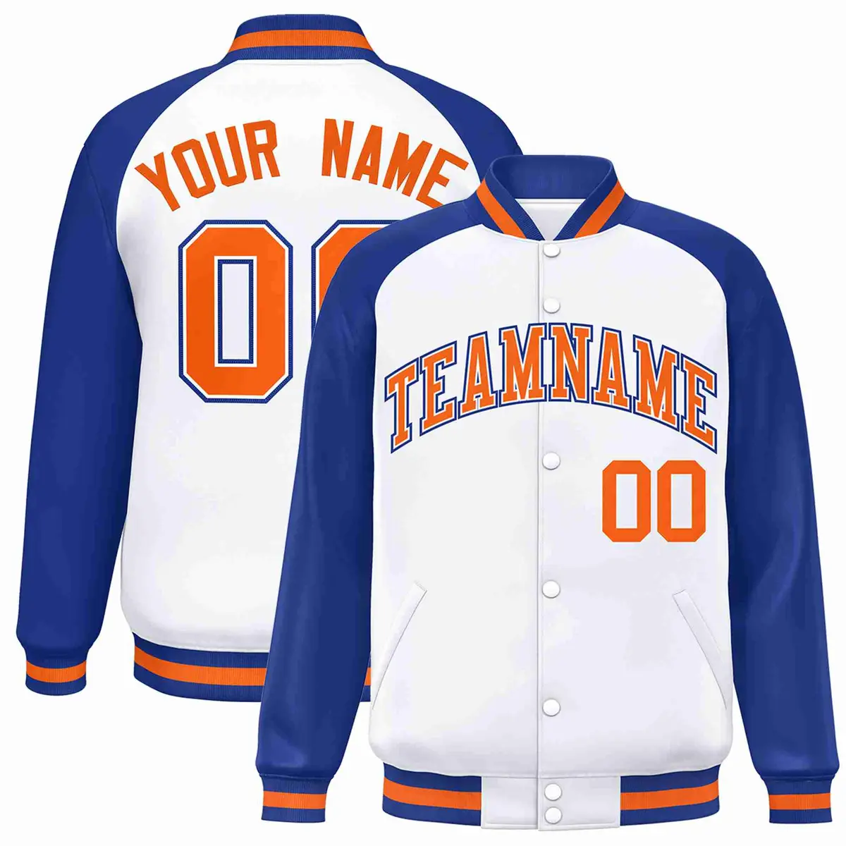 White Orange-White Raglan Varsity Full-Snap Letterman Jacket