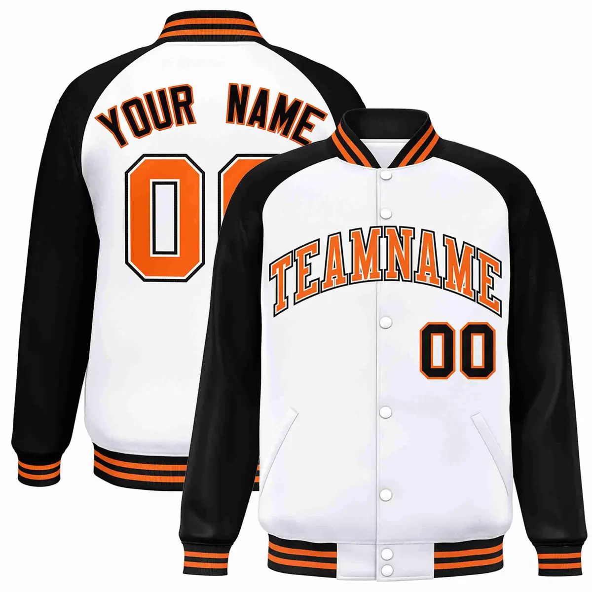 White Orange-White Raglan Varsity Full-Snap Letterman Jacket
