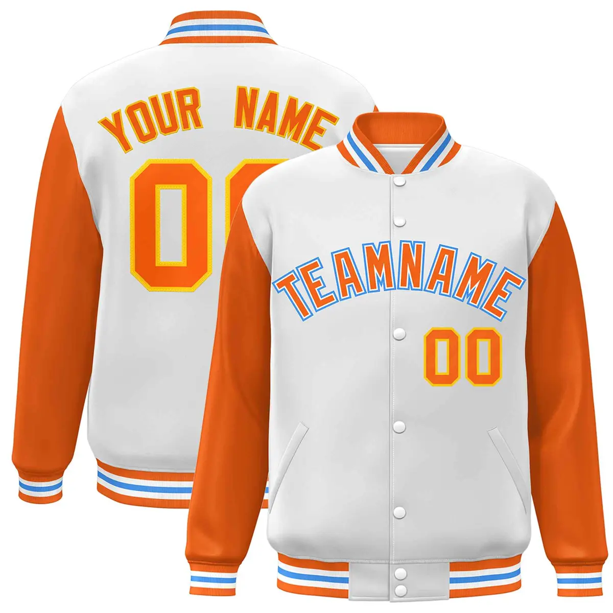 White Orange-White Raglan Varsity Full-Snap Letterman Jacket