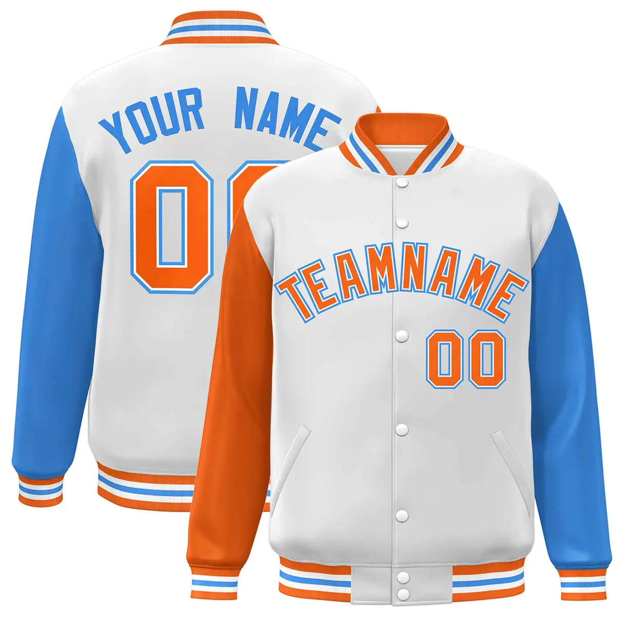 White Orange-White Raglan Varsity Full-Snap Letterman Jacket