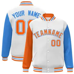 White Orange-White Raglan Varsity Full-Snap Letterman Jacket