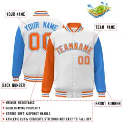 White Orange-White Raglan Varsity Full-Snap Letterman Jacket 2