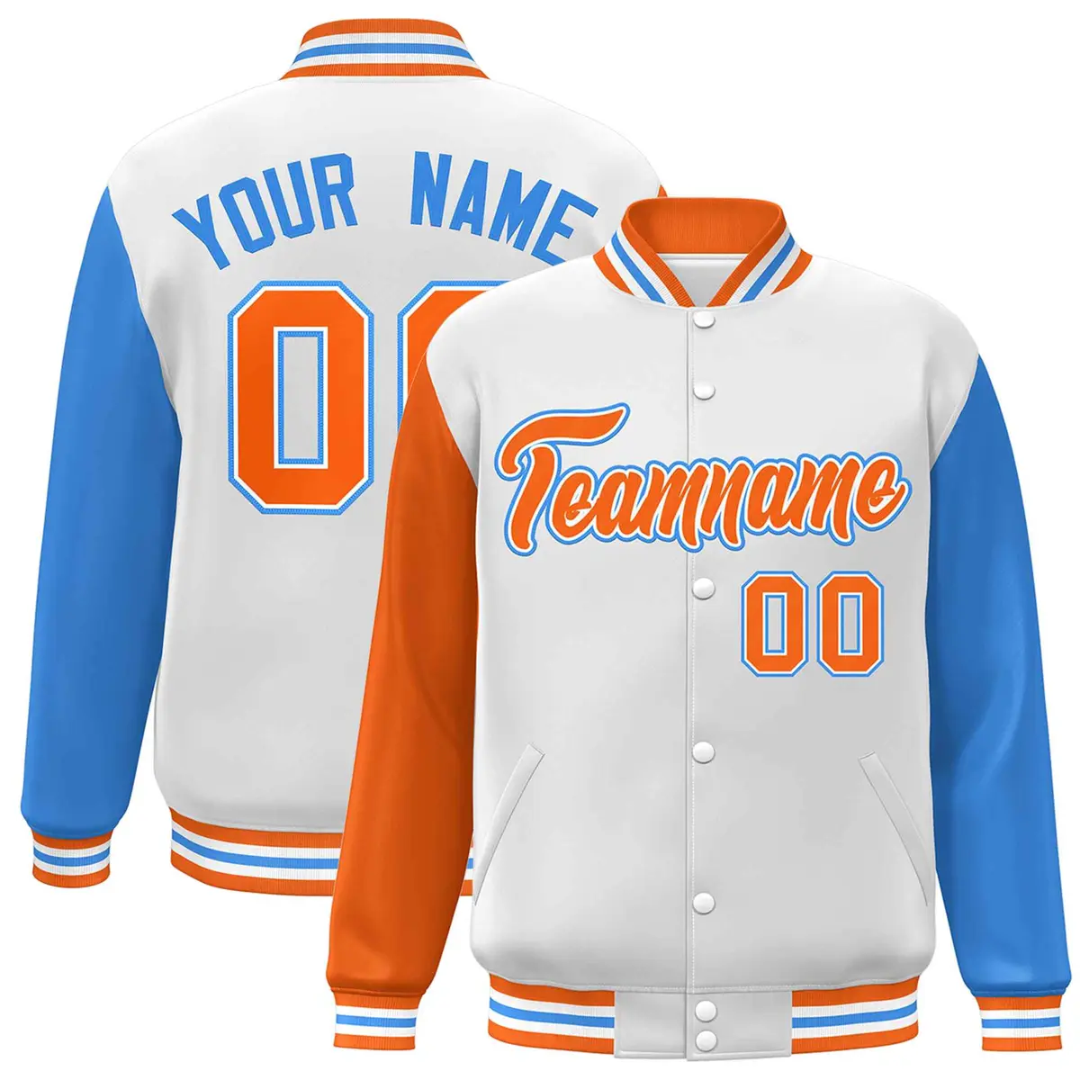 White Orange-White Raglan Varsity Full-Snap Letterman Jacket