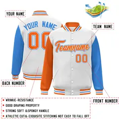 White Orange-White Raglan Varsity Full-Snap Letterman Jacket 2