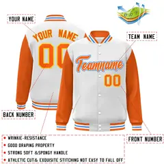 White Orange-White Raglan Varsity Full-Snap Letterman Jacket 2
