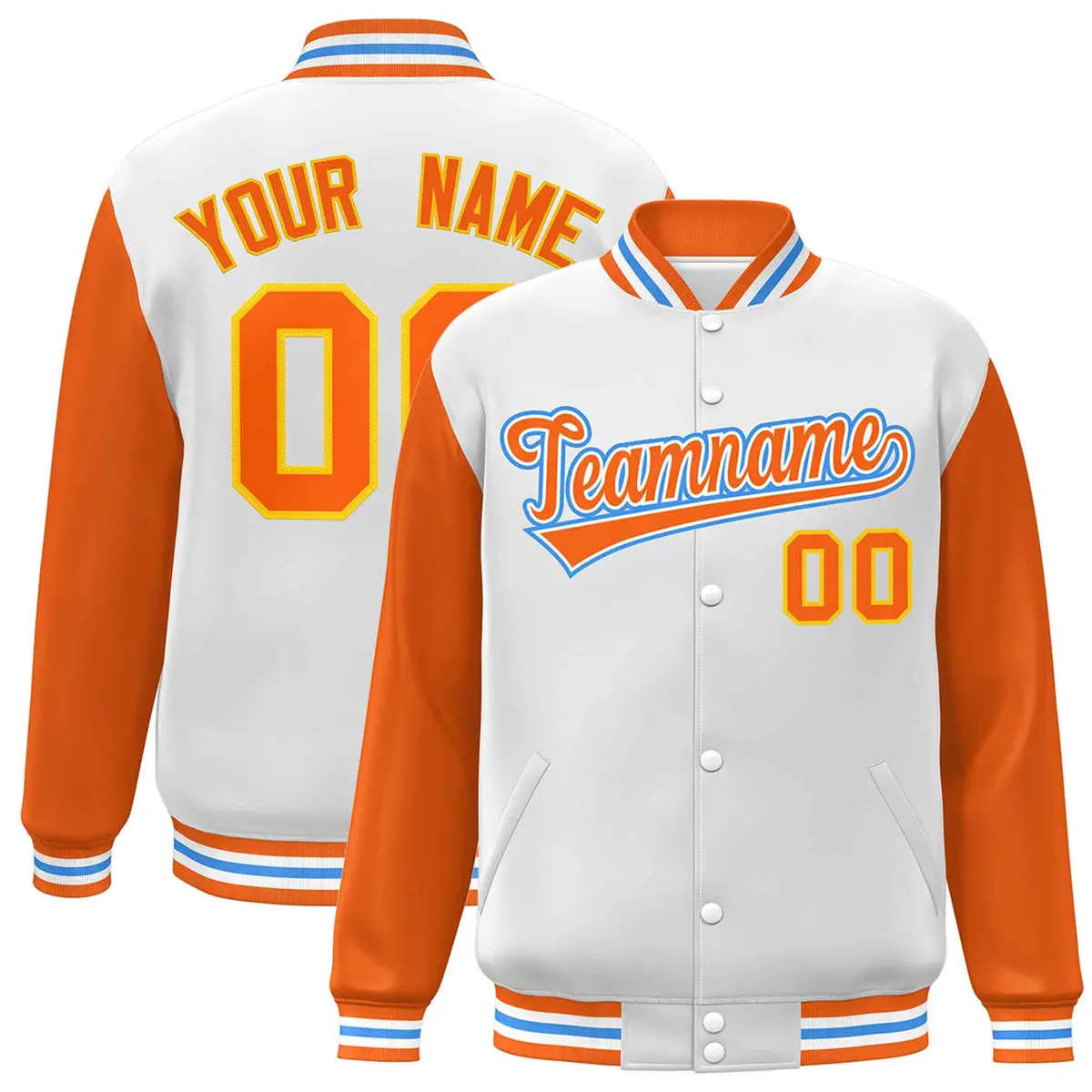 White Orange-White Raglan Varsity Full-Snap Letterman Jacket