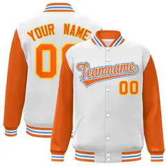 White Orange-White Raglan Varsity Full-Snap Letterman Jacket
