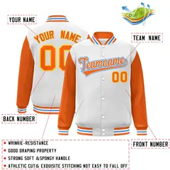 White Orange-White Raglan Varsity Full-Snap Letterman Jacket 2
