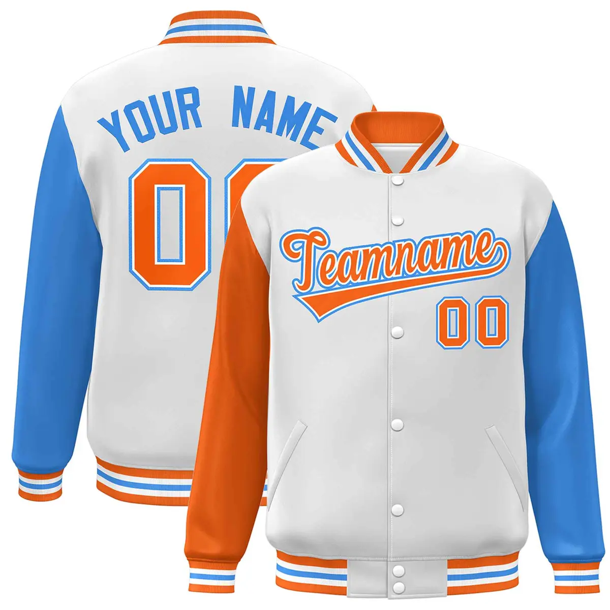 White Orange-White Raglan Varsity Full-Snap Letterman Jacket