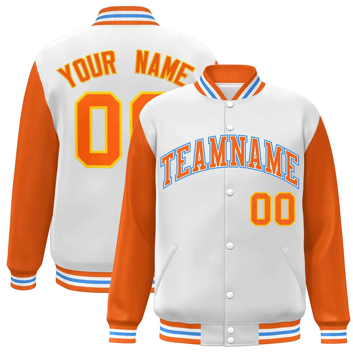 White Orange-White Raglan Varsity Full-Snap Letterman Jacket