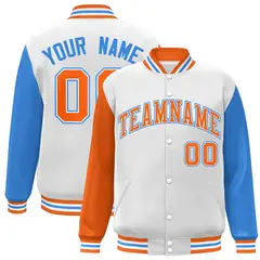 White Orange-White Raglan Varsity Full-Snap Letterman Jacket