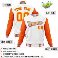 White Orange-White Raglan Varsity Full-Snap Letterman Jacket 4