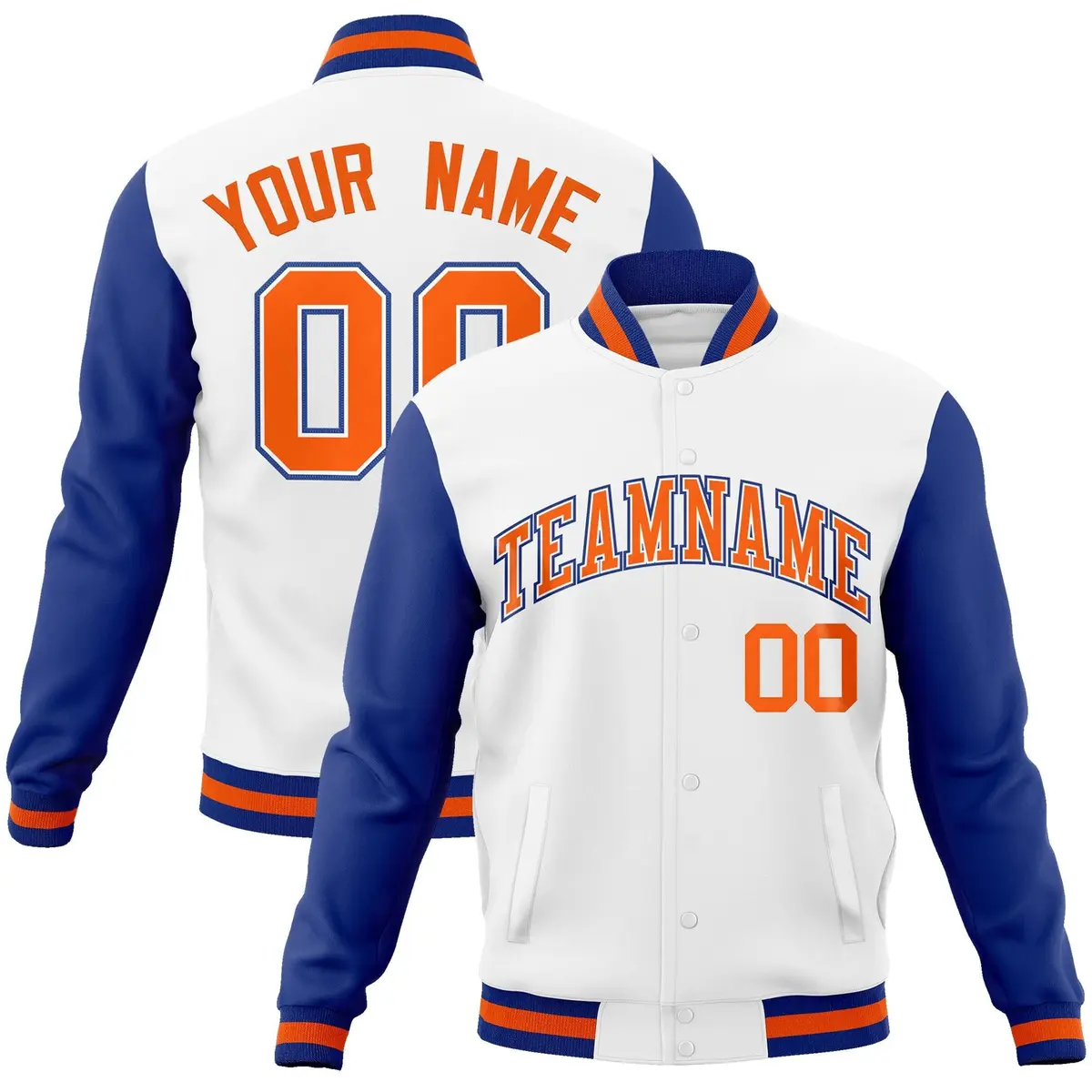 White Orange-White Raglan Varsity Full-Snap Letterman Jacket
