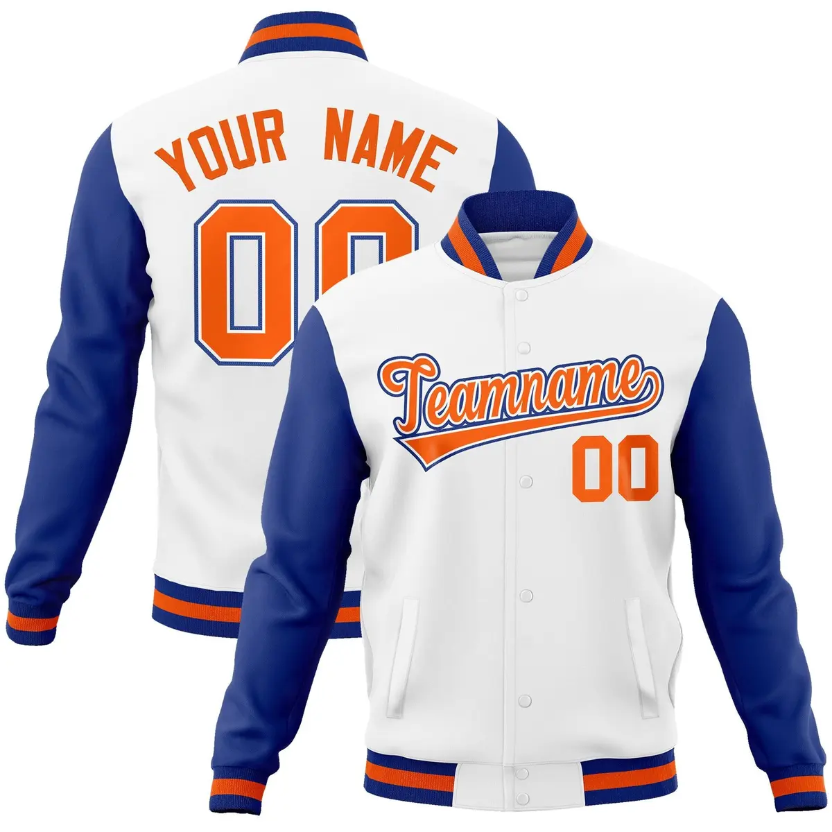 White Orange-White Raglan Varsity Full-Snap Letterman Jacket
