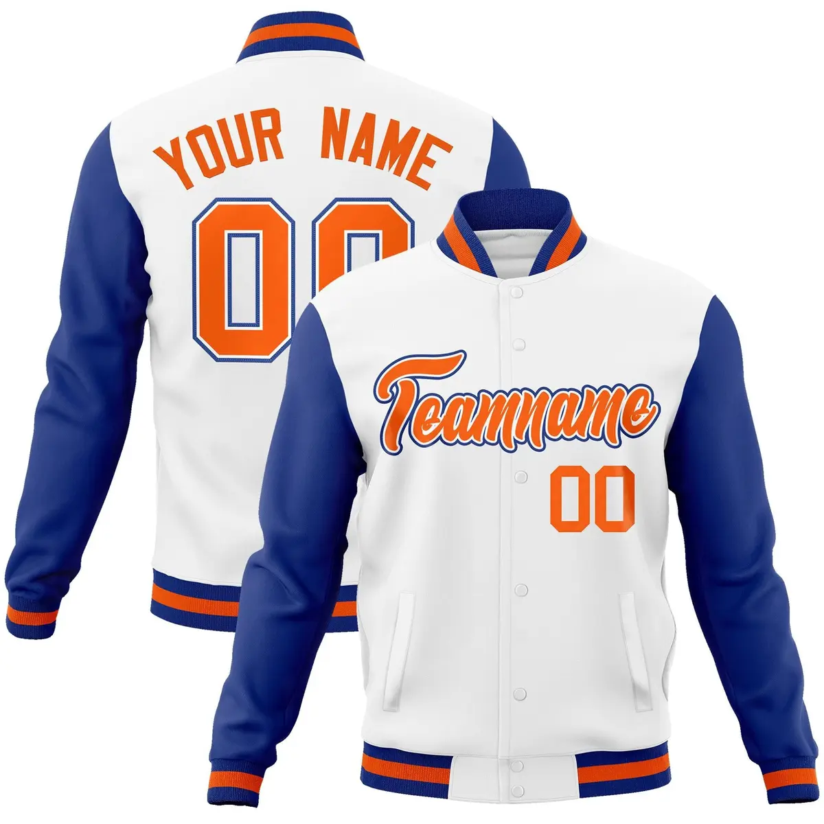 White Orange-White Raglan Varsity Full-Snap Letterman Jacket