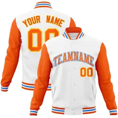 White Orange-White Raglan Varsity Full-Snap Letterman Jacket