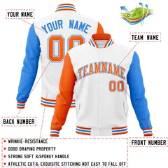 White Orange-White Raglan Varsity Full-Snap Letterman Jacket 4