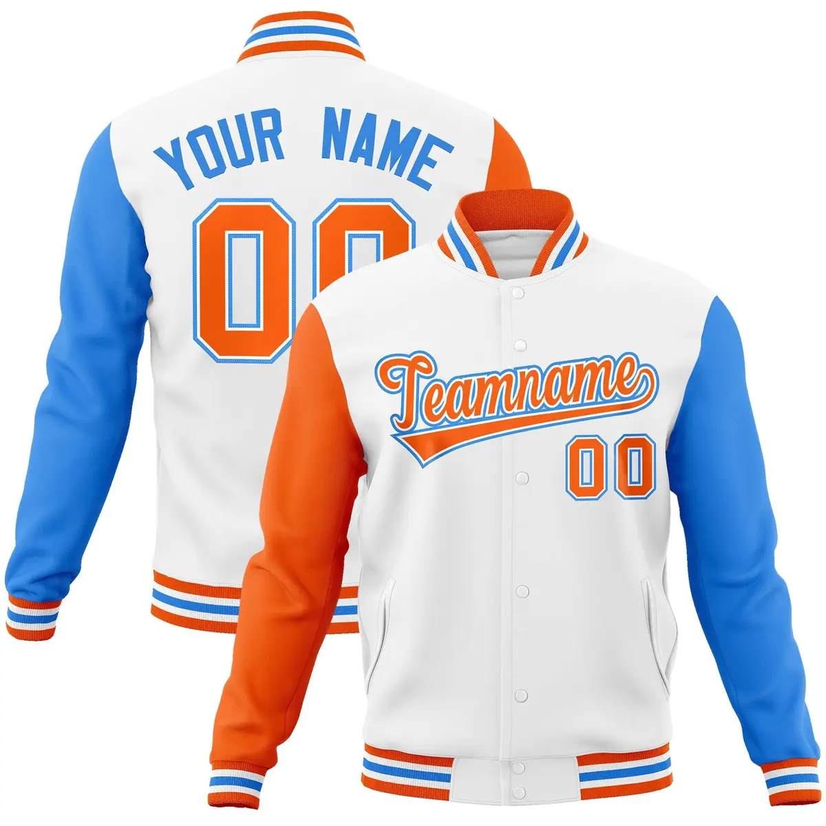 White Orange-White Raglan Varsity Full-Snap Letterman Jacket