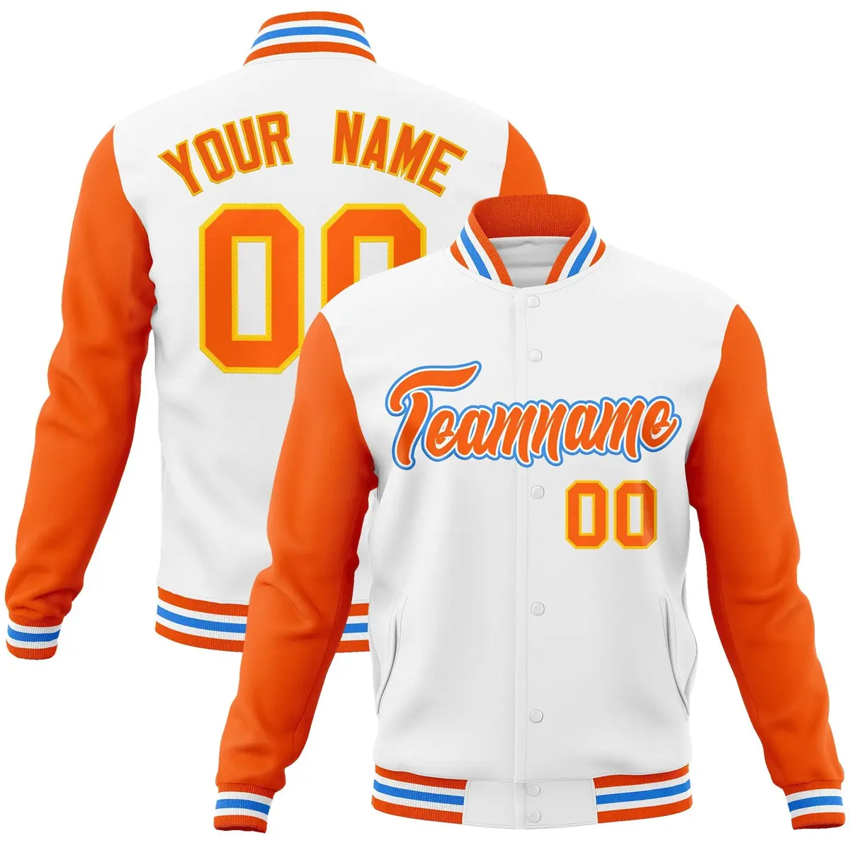 White Orange-White Raglan Varsity Full-Snap Letterman Jacket