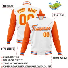 White Orange-White Raglan Varsity Full-Snap Letterman Jacket 4